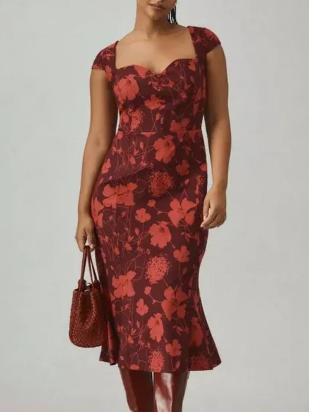 Anthropologie The Cecily Fit & Flare Sweetheart Dress, Dark Red Floral, Size 1X